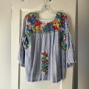 J. Marie Striped Blouse with Colorful Embroidery M